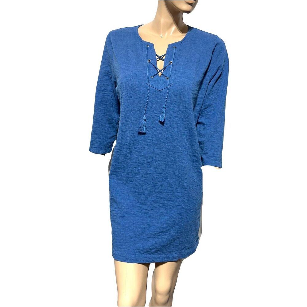 Boden Shift Tunic Dress Women’s 100% Cotton Blue Size 12 Lace Up Neck Tassels